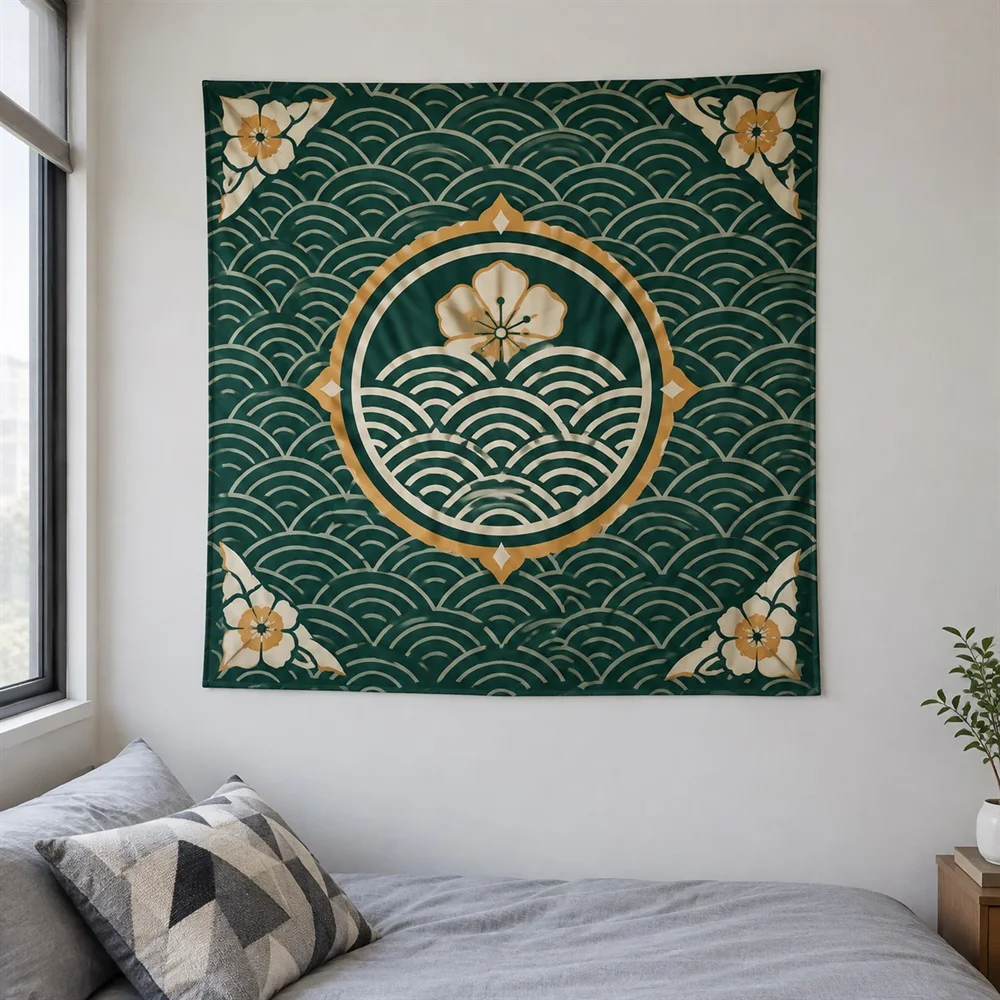 VIKAMA Seigaiha Wave Pattern Tapestry Wall Hanging, Geometric HD Print Wall Art, Japandi Decor for Living Room Bedroom Bathroom