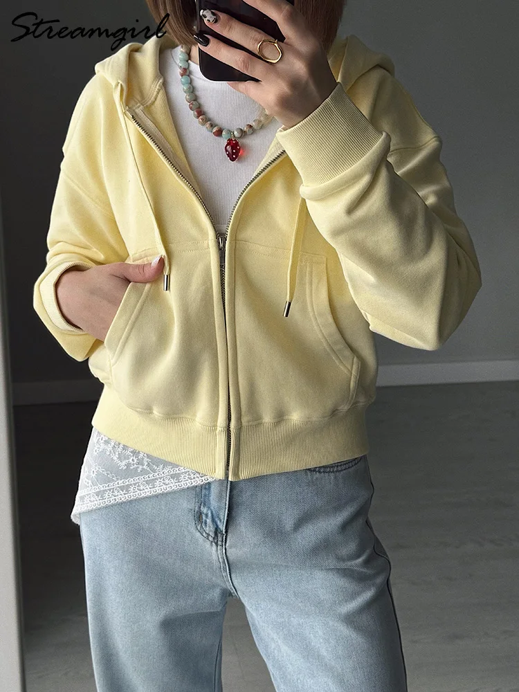 Yellow Zip Up Hoodies Women Cropped Sweatshirt Cotton Autumn