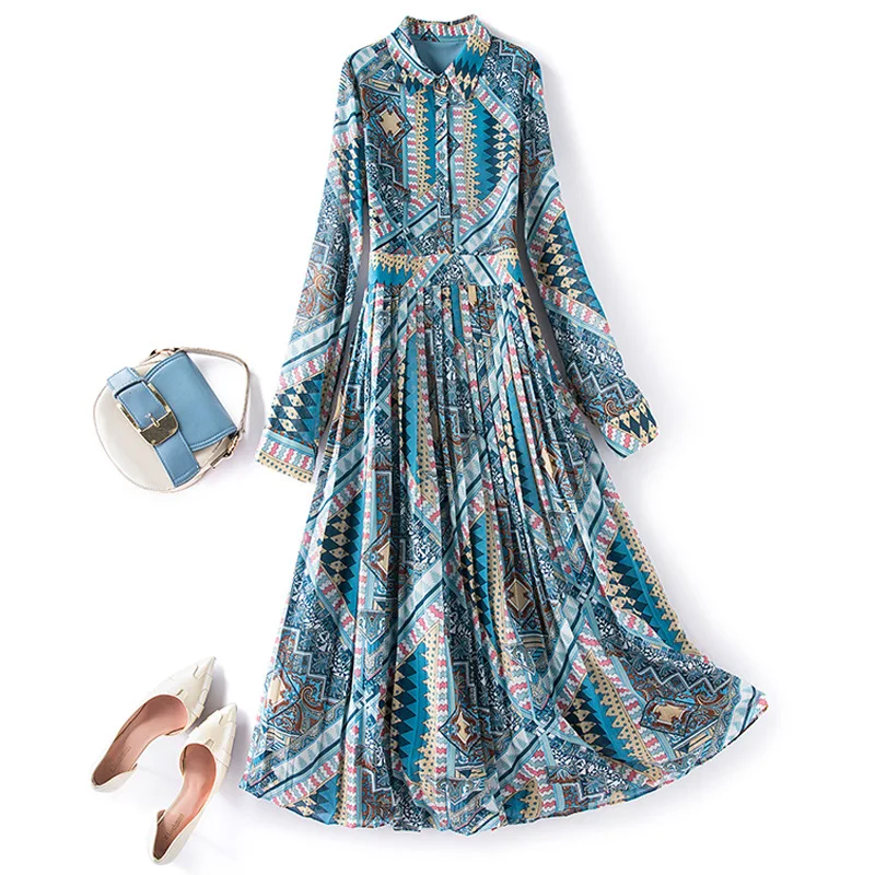 

New Fashion Big Size L-4XL Lady Clothing Autumn Dress Women High Quality Elegant Party Long Loose Dresses Blue