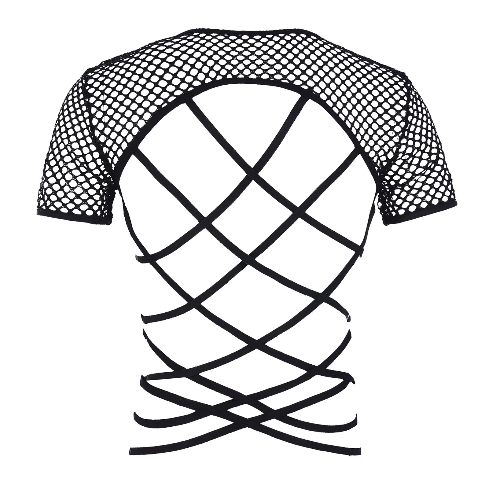 Mens T-shirt Tops Hollow Out Short Sleeve See Through Fishnet Mesh T-Shirts Round Neck Crisscross Back Performance Club wear