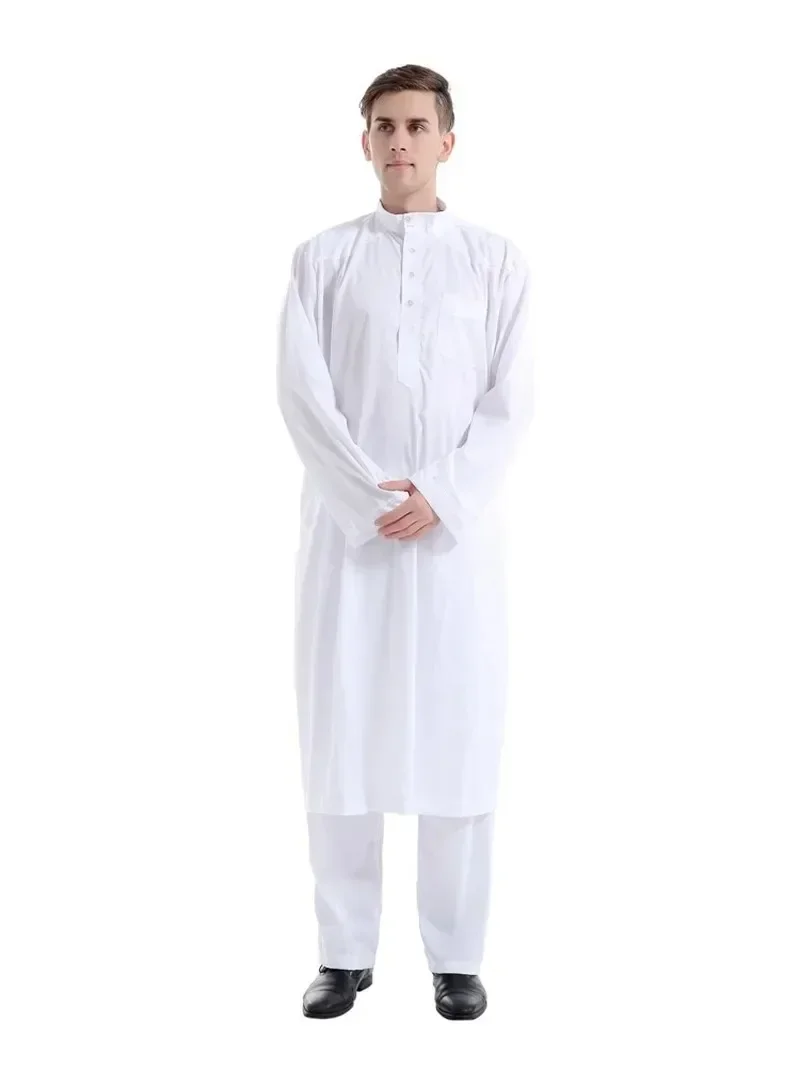 Jubah Muslim kostum Arab pria Thobe Ramadan kostum Solid Arab Saudi Arabia Lebaran Turki Abaya pakaian Islami nasional pria