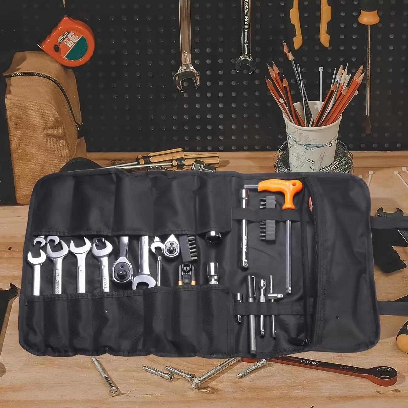 Canvas Roll Up Tool Bag, Multi-Purpose Tool Pouch with Zipped Compartments Heavy Duty Hanging Tool Organizer for Wrench Plier