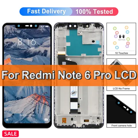 Tela LCD de 6,26 polegadas original para Xiaomi Redmi Note 6 Pro, tela sensível ao toque para Redmi Note 6 Pro M1806E7TG, substituição de tela, com moldura.