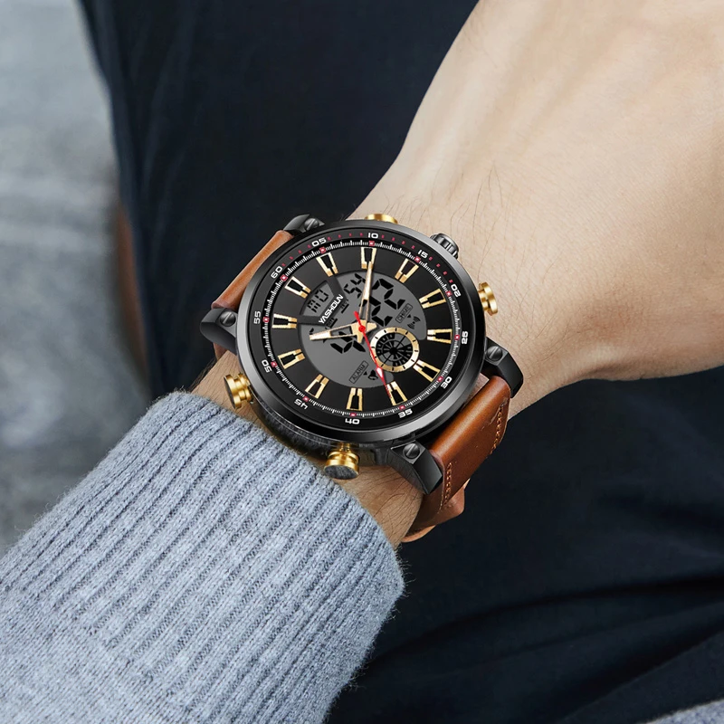 YASHIDUN Brand Men's Quartz Watch For Men LED Watches Men Fashion Casual Sports Clock Genuine Leather Military Wrist Watch