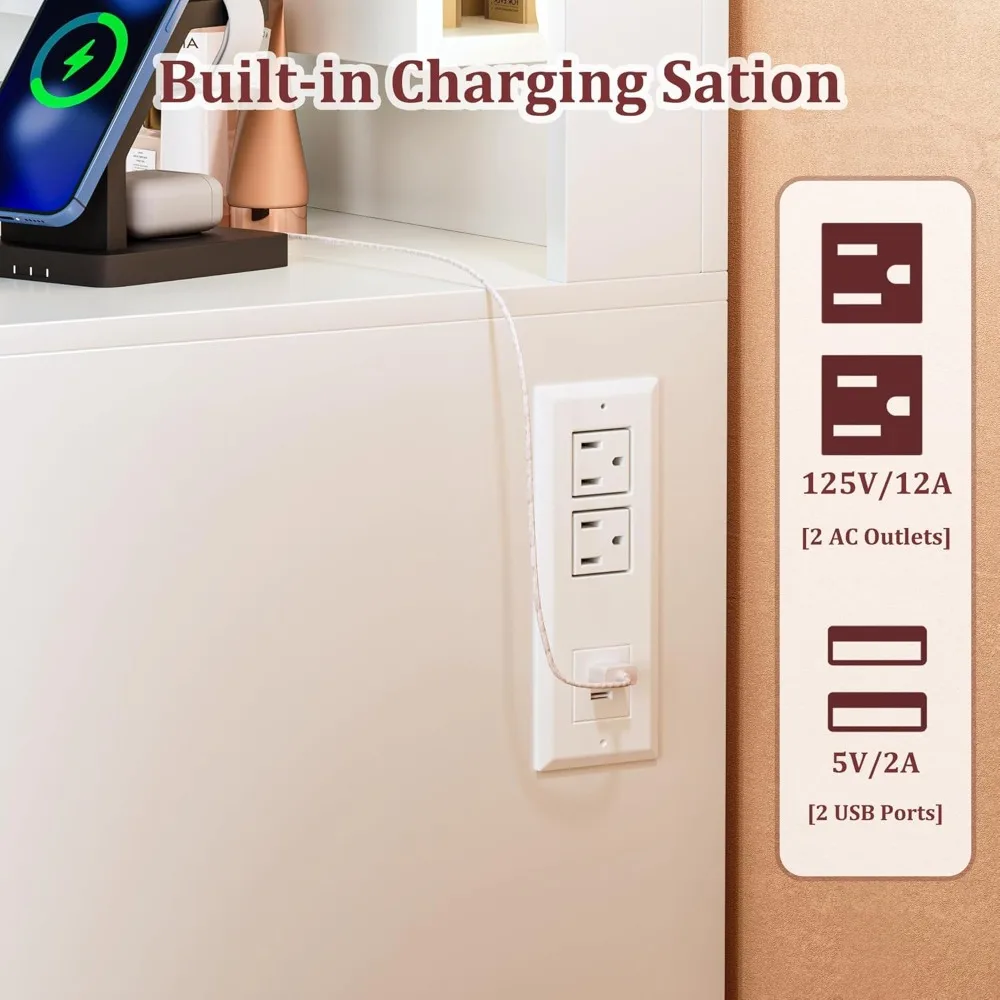 مكتب فانيتي مع مرآة وأضواء كبيرة، مكياج مقاس 45.3 بوصة مع مخرج طاقة و9 أدراج وتخزين، 3 ألوان إضاءة قابلة للتعديل #4