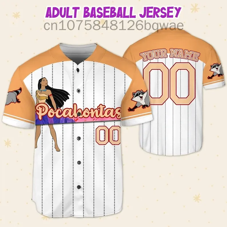 New Pocahontas Princess Baseball Jersey Custom Name Men Women Short Sleeve Shirt Disney Casual Sports Baseball Shirt