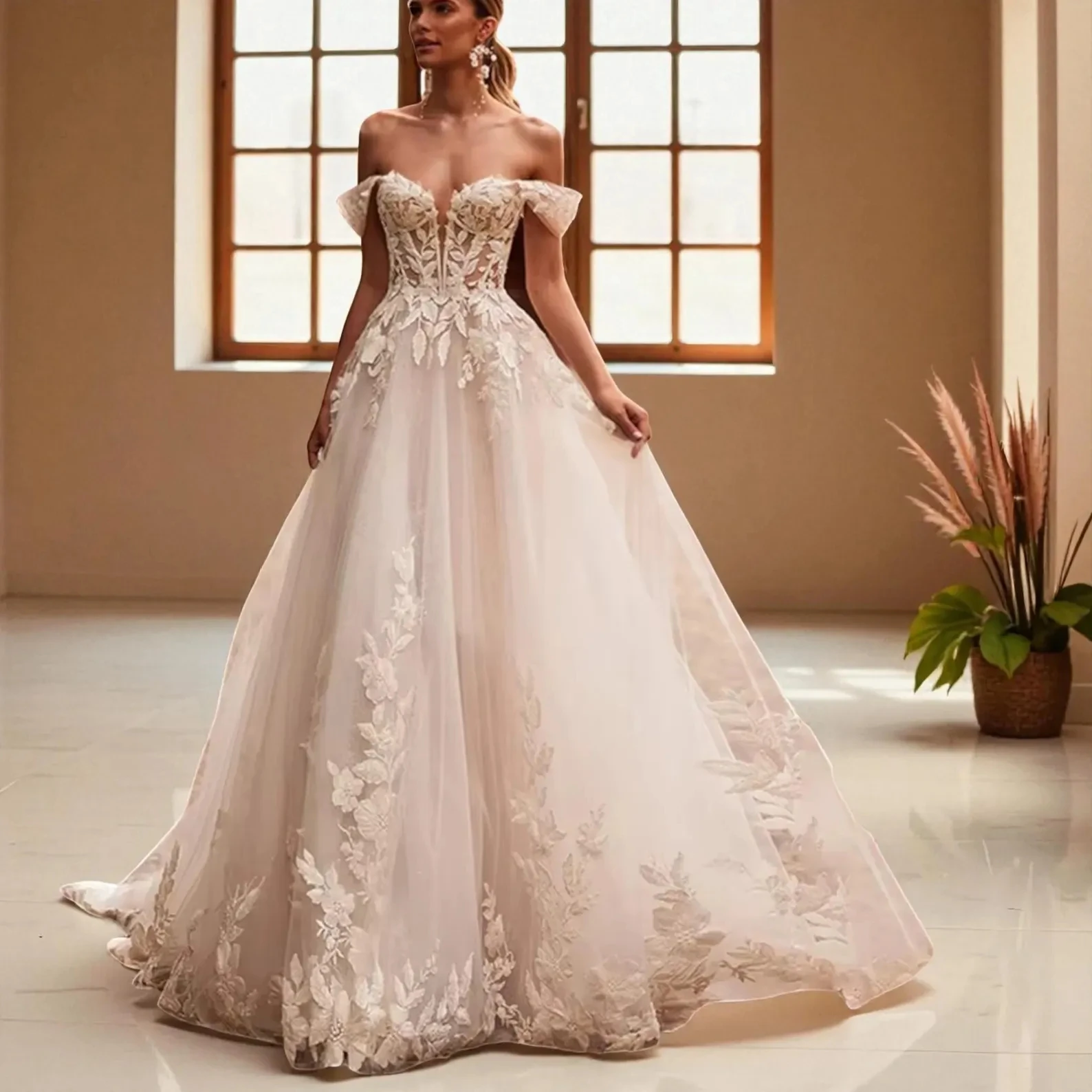 Suknie ślubne z odkrytymi ramionami, tiulowe, z koronkowymi aplikacjami, dekolt w serduszko, linia A, iluzja, długie suknie ślubne, suknia dla panny młodej