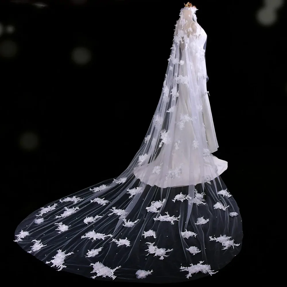 1 Tier Bridal Veil Ivory White Pearls Petal 3D Floral Wedding Veil Long Floral Mantilla Embroidery Veil Chapel Fingertip