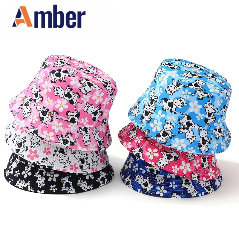 

Amber Cartoon Children Bucket Hat Cow Printing Fisherman Hats Boys Girls Kids Cap Double Sides Reversible 54cm Summer Sunscreen