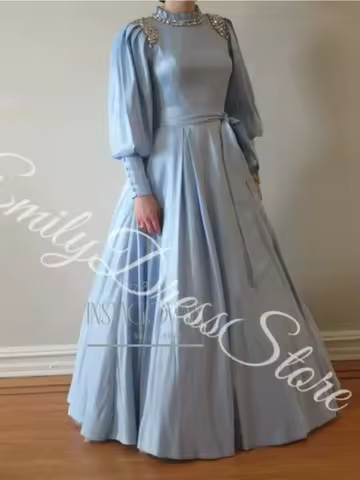 Sky Blue Satin Evening Dress Women Floor Length Beaded Long Sleeves Elegant Bridal Formal Ball Gowns Trend Pageant Dress