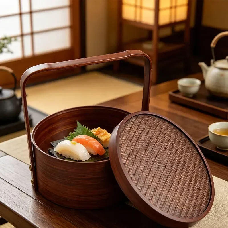 Bamboo Food Storage Basket Double-Layer Woven Vintage Picnic Box Traditional Circle Handmade Eco-Friendly Multifunction