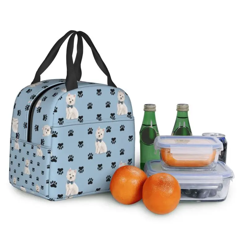 West Highland White Terrier Paw Print Pattern Insulated Lunch Tote Bag Westie Dog Thermal Cooler Food Lunch Box Kids School image 5