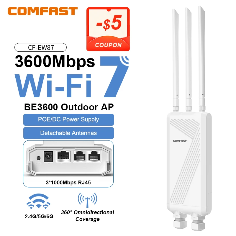 

COMFAST BE3600 WIFI7 2,4G/5,8G Открытый маршрутизатор точки доступа, двойной расширитель сигнала дальнего действия, усилитель, беспроводной повторитель Wi-Fi, водонепроницаемый