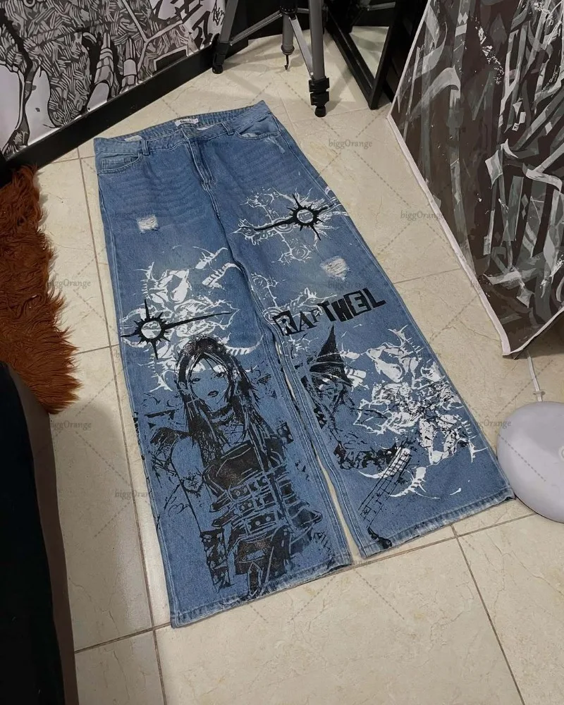 

2025 American Retro Harajuku Anime Print Y2K Jeans Women Trendy Streetwear Trousers Hip-hop Loose Washing Denim Wide-leg Pants