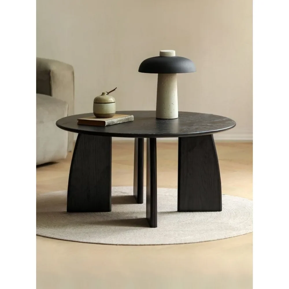 Wabi-sabi Style Black Solid Wood Small Coffee Table Japanese-style Round Zen Pine Italian Styles Minimalist Round Tea Tables