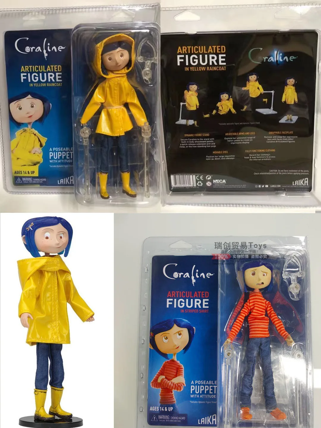 

Neca 7-дюймовый плащ Caroline Raincoat Edition Фигурки Coraline & The Secret Door Series Полосатая рубашка Настоящая одежда в штучной упаковке Handmad