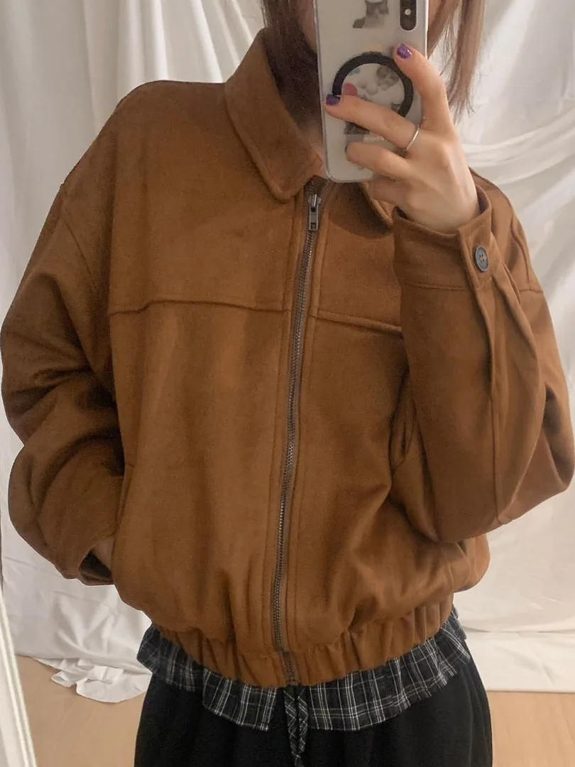 

Chic Autumnal Suede ort Jaet Women's Loose Fit Baseball Sle Outerwear Retro High-End Feeling Cact Faionable Coat