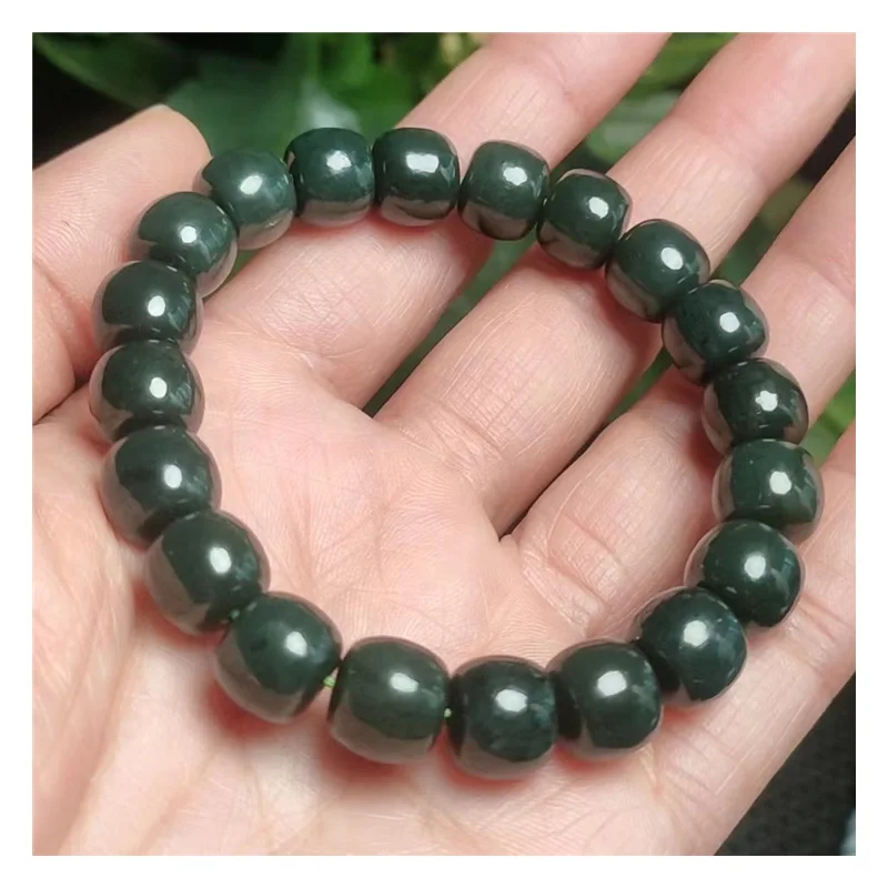 Women Healing Gemstone Fine Jewelry Hetian Jades Nephrite Barrel Bead  Bracelets Stone Green Hotan Jade Bracelet