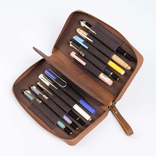 Imagen 2 del producto Estuche para pluma estilográfica de cuero genuino con divisor, estuche para lápices de gran capacidad, estuche para bolígrafos para 10 bolígrafos, papelería para estudiantes