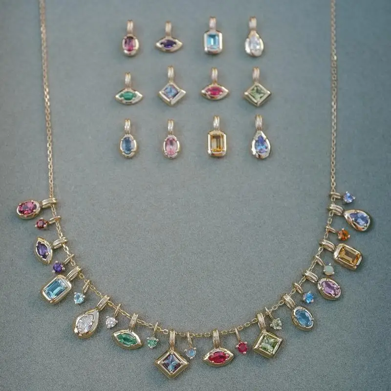 Fashion Women's Geometric Zircon Pendant Necklace Bright Colorful Design Bead Chain for Wedding Guest Wear Holiday Gift
