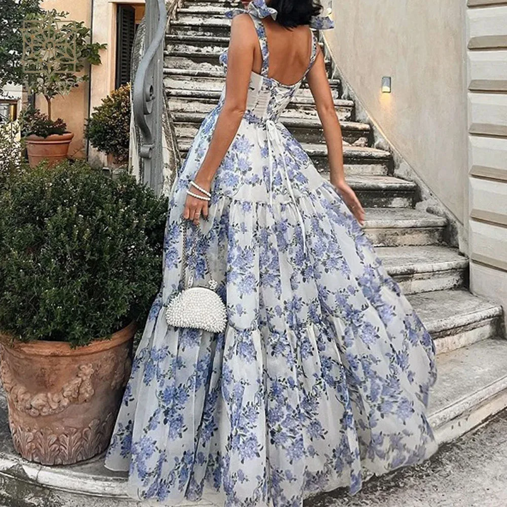 2024 Fashion Printed Suspender Dress Sexy Backless Sleeveless Elegant Long Dresses Blue High Waist Loose Formal Evening Dresses