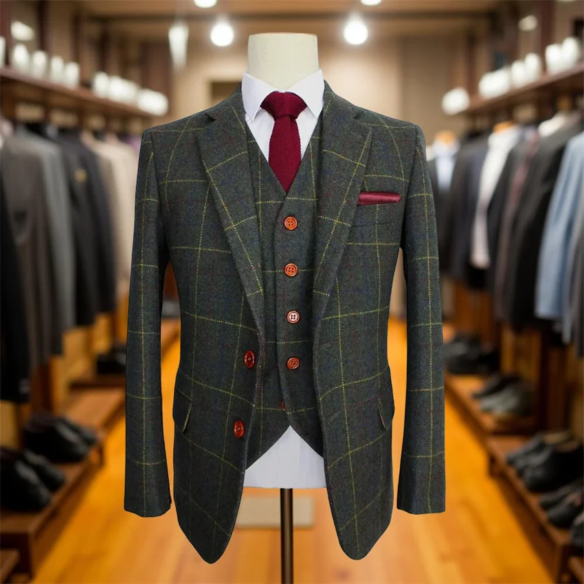 

Шерстяные твидовые мужские костюмы для свадьбы, приталенный смокинг жениха на осень-зиму, мужской модный костюм из трех предметов, комплект куртки с брюками, жилет