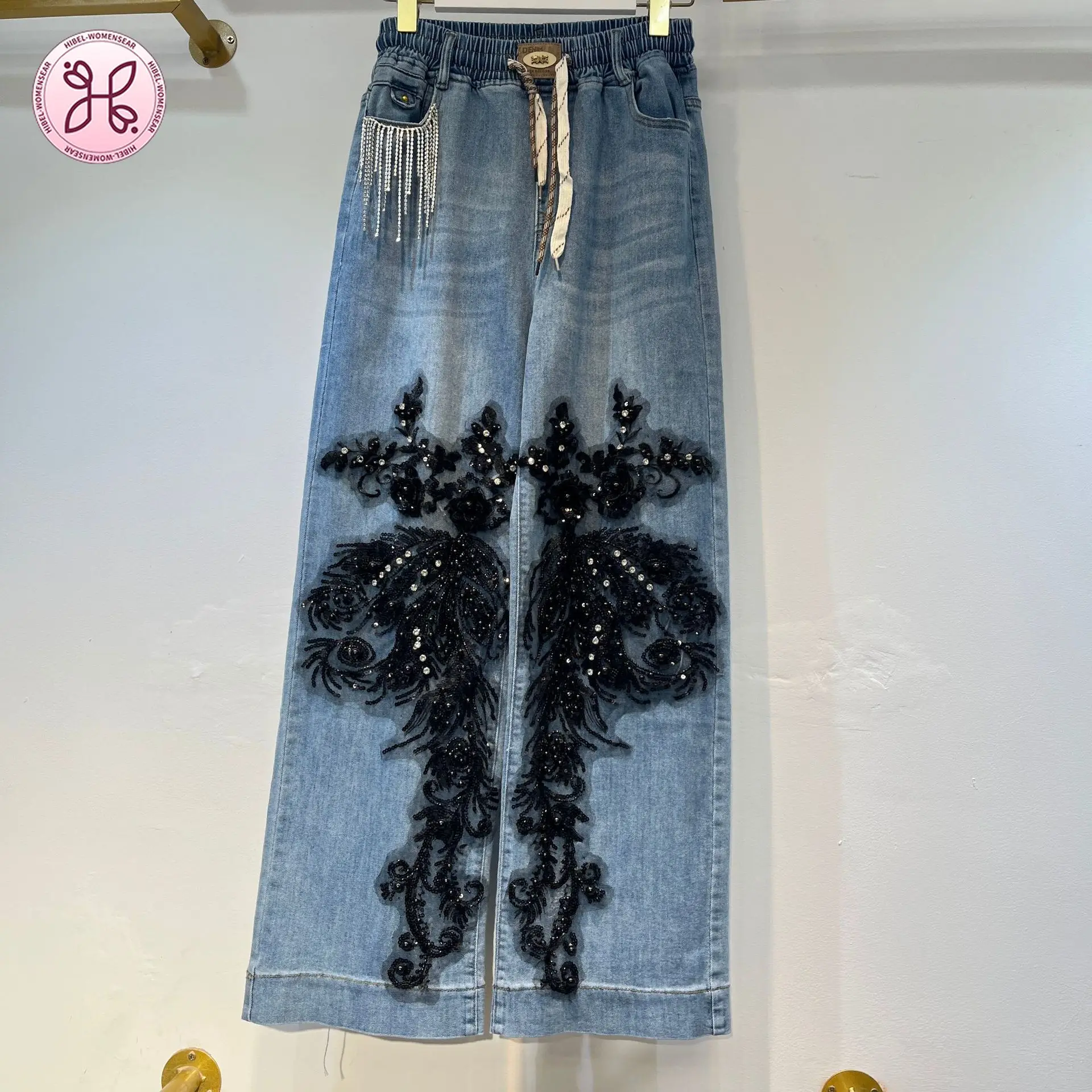

Fringe Pocket Elastic Waist Straight Pants, Heavy Black High-End Embroidery Rhinestone Wide Leg Jeans Women baggy jeans