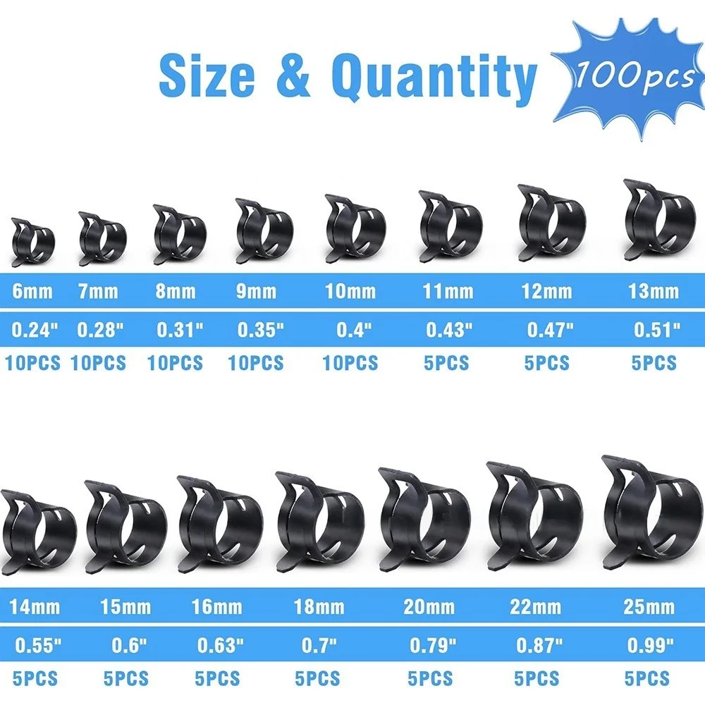 100Pcs+1 Plier/Set 6/7/8/9/10/11/12/13/14-25Mm Q673B Vacuum Spring Fuel Clip Oil Water Hose Pipe Tube Clamp Black Assortment Kit