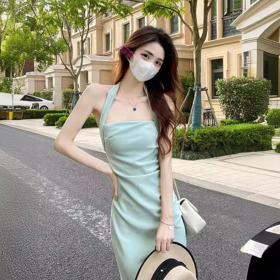 

【New style】Sexy pure desire hanging neck slings long dress temperament backless tube top medium and long slim dress hip slit sk