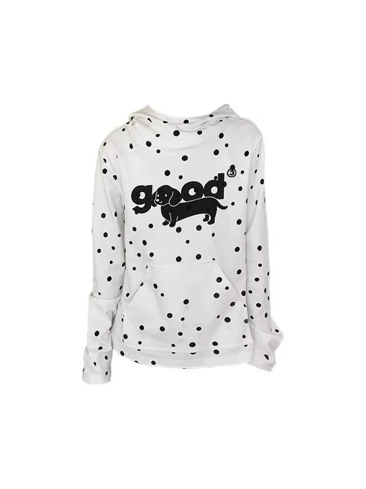 American Cute Polka Dot Slim Hooded Sausage Puppy Print Elegant Sweatshirt Women Autumn New Y2k Design Casual Slim Tops 2025 New