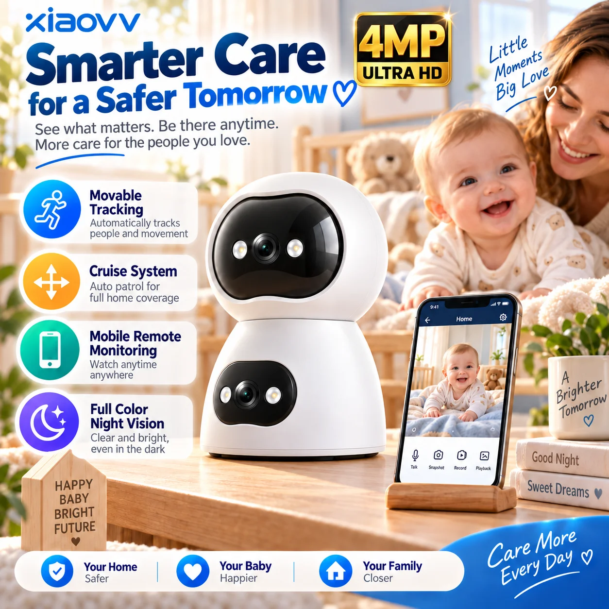 4MP CMOS Sensor Mini PTZ Security Camera Home Full Color Night Vision Motion Detection Two-Way Audio Cloud TF Card Storage