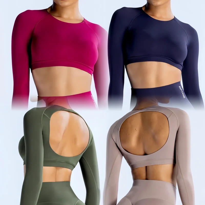

DF Dynamic Long Sleeve Crop Top with Logo Women Short Sleeve Yoga Top Light Weight Gym Crop Top Seamless Bicycle Sports