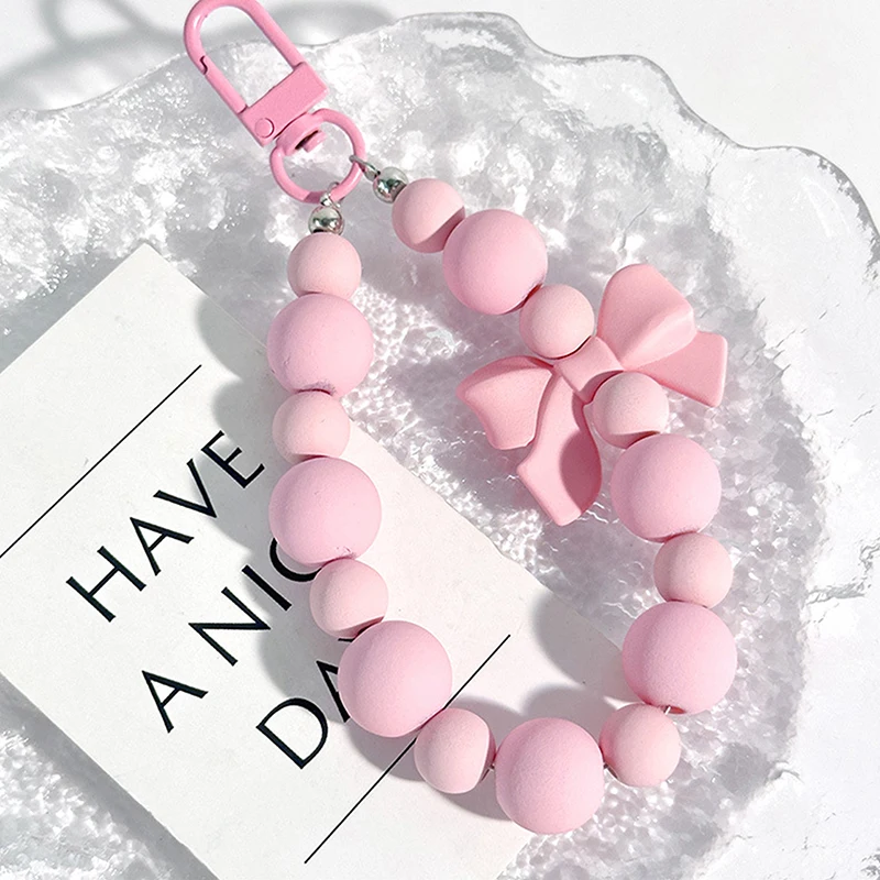 Sweet Pink Bow Beaded Keychain Mobile Phone Chain Earphone Bag Charms Anti-lost Rope Car Keyring Backpack Pendant Jewelry