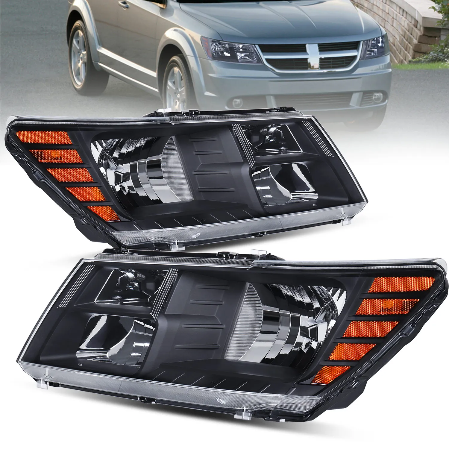 

2PCS Headlights Headlamps Left+Right For 2009-2020 Dodge Journey Black Trim