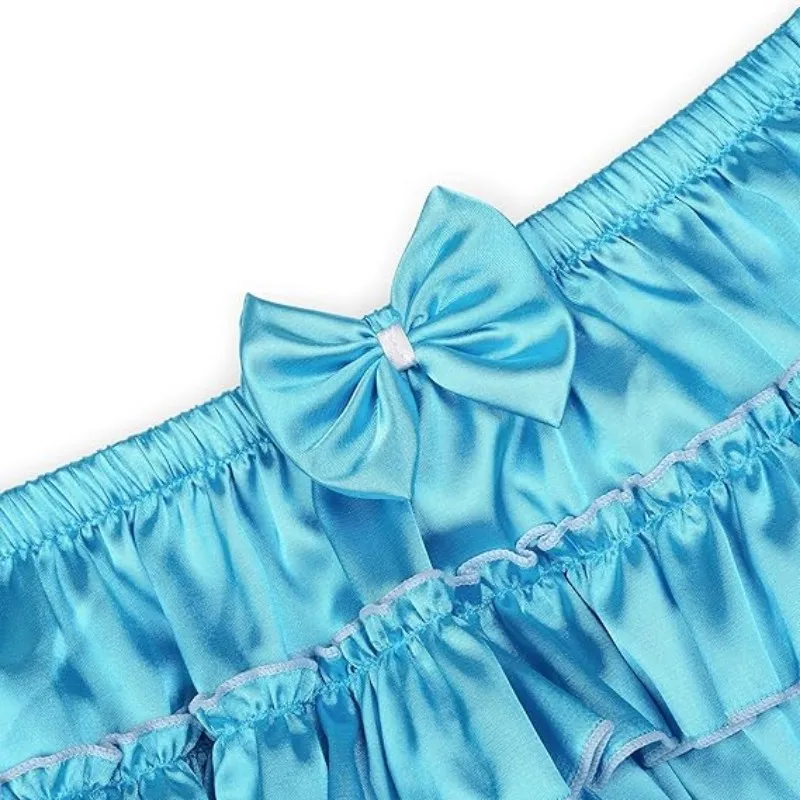Satini Frilly Sissy blue bowknot French maid cosplay lingerie with ruffled edges, silky satin lingerie,customized