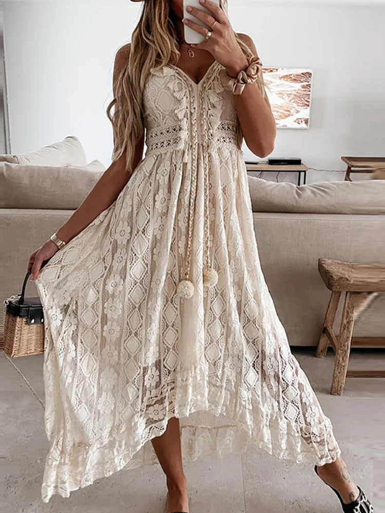 Vintage Spaghetti Strap Solid V-Neck Dress Women Hollow Out Lace Patchwork Dress Summer Sexy Ladies Sleeveless Slim Fit Dresses