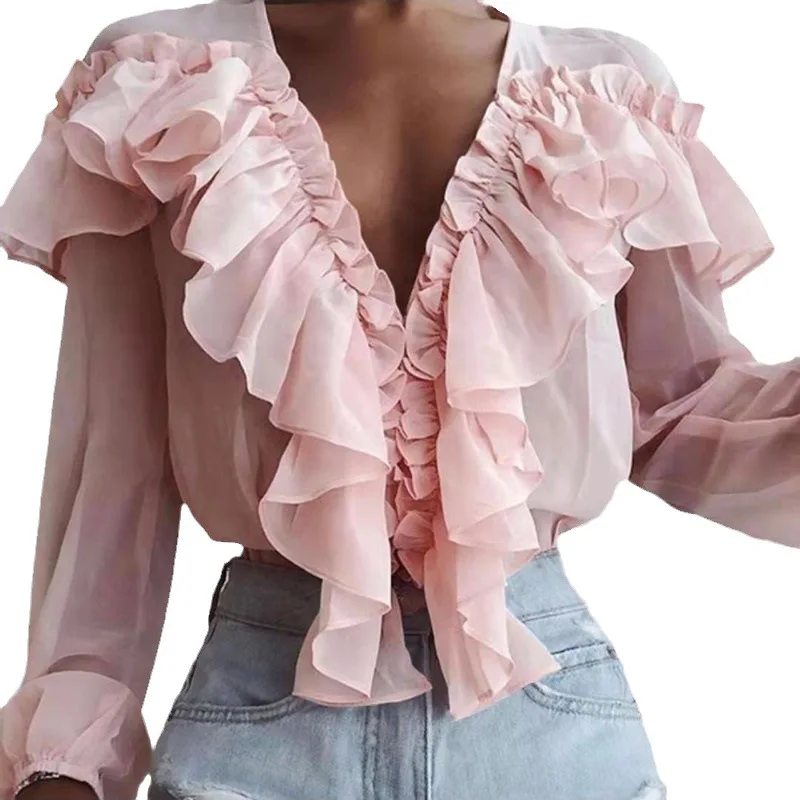 Fashion Sexy Deep V Neck Pullover Shirt For Women\'S Spring Autumn New Elegant Pleated Ruffles White Long Sleeves Blouse Female