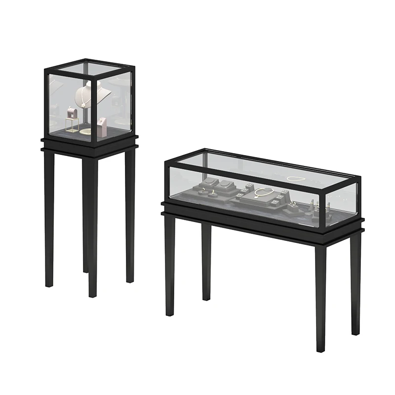 

Custom. Black Jewelry Display Showcase Standing Jewellery Display Glass Led Cabinets Light Luxury Top Counter Store