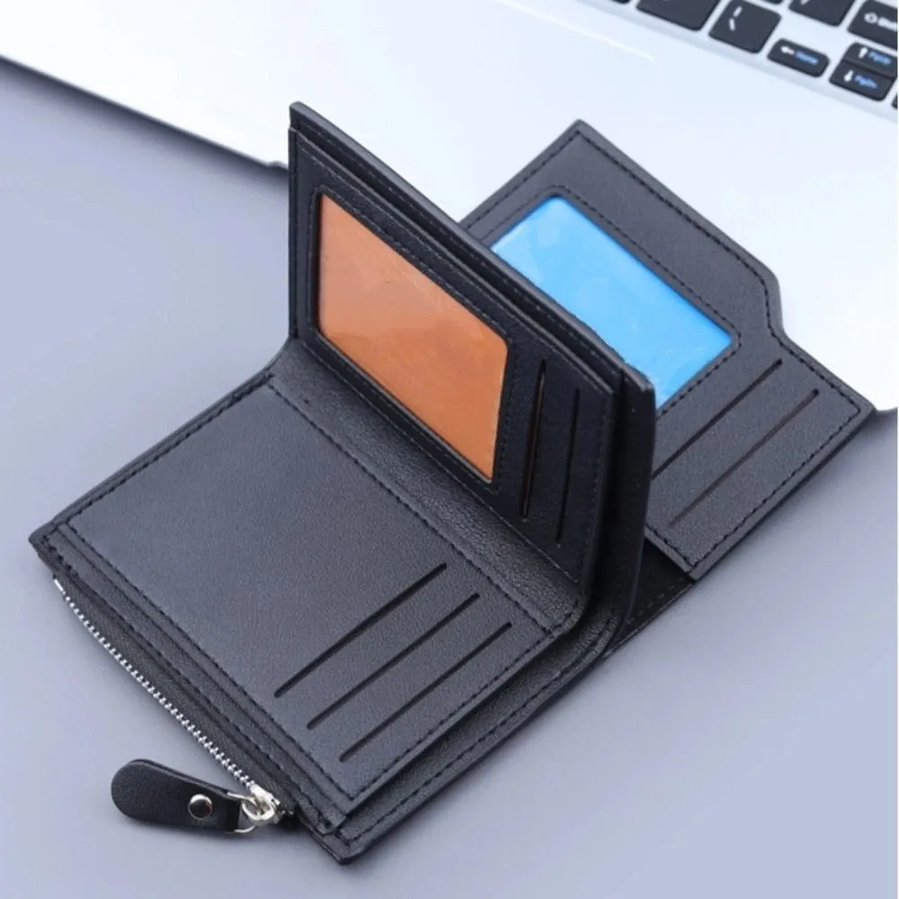 New PU Leather Men's Wallet Zipper Large Capacity Card Holder Solid Color Coin Pocket Male