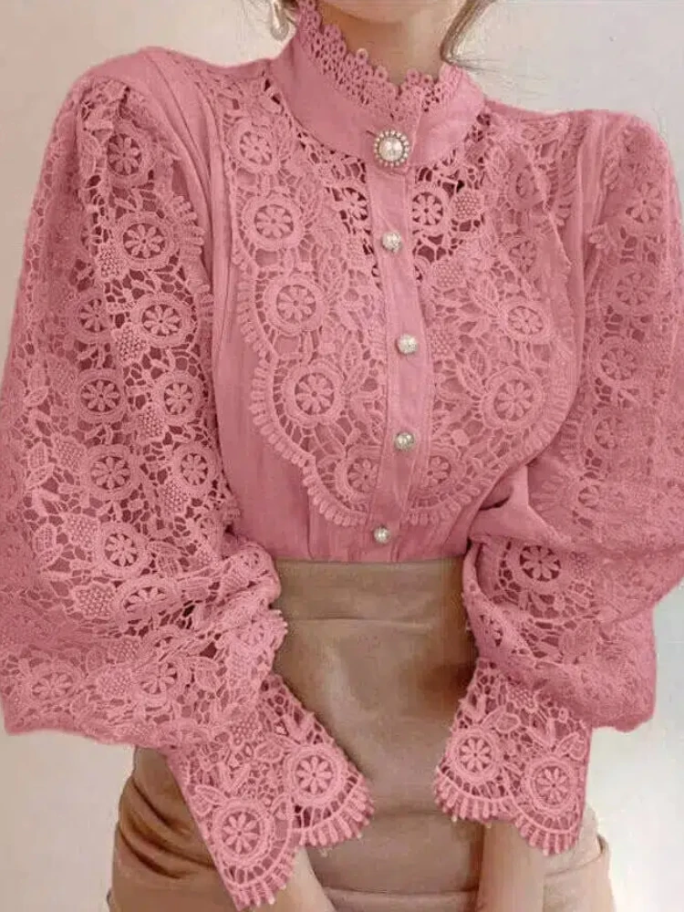 Novo outono feminino gola alta camisa de manga longa elegante renda casual cardigan blusa tamanho grande quatro estações 12419