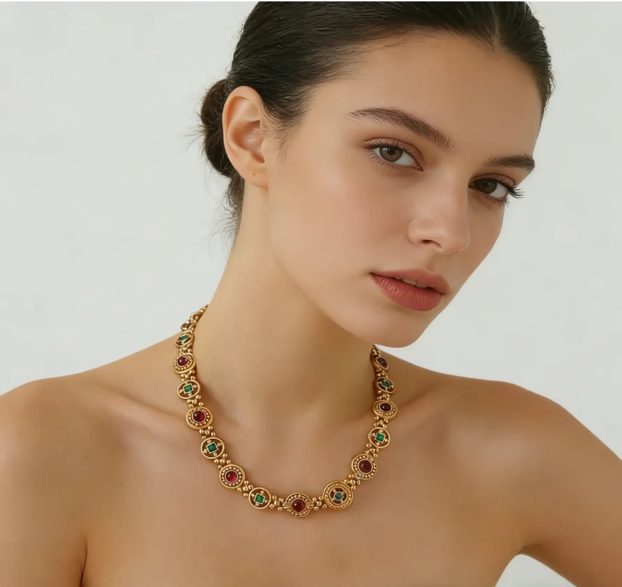 Brass Colorful Beads Rhinestoned Chunky Choker Necklace Women Jewelry Punk Designer Runway Rare Gown Boho Japan Korean
