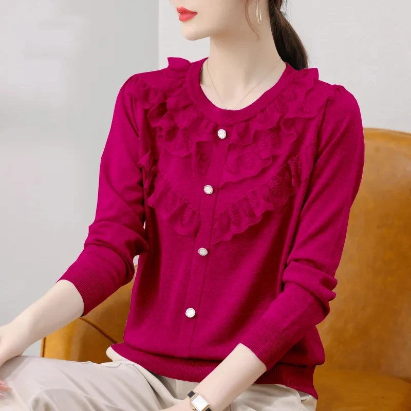 Girocollo alla moda pizzo fiore bordo maglione donna Pullover coreano sciolto lavorato a maglia Top femminile a maniche lunghe in maglia