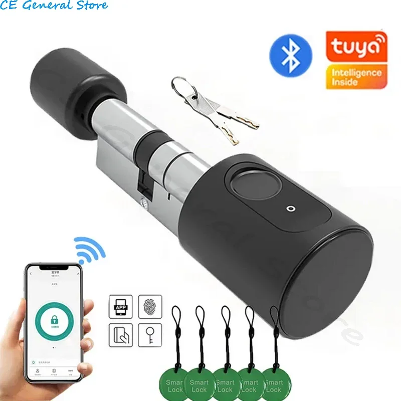 Smart Cylinders Lock Tuya 70mm Electronic Bluetooth APP Remote Biometric Fingerprint Lock Anti Theft Security Home Door Lock