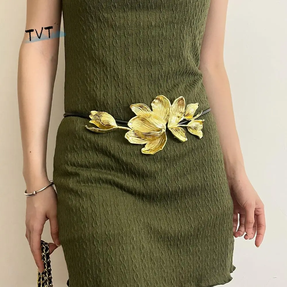 

Fashion Vintage Tulip Waist Chain Elegant No Punching Alloy Flower Belt Simple Large PU Leather Rope Belt Women