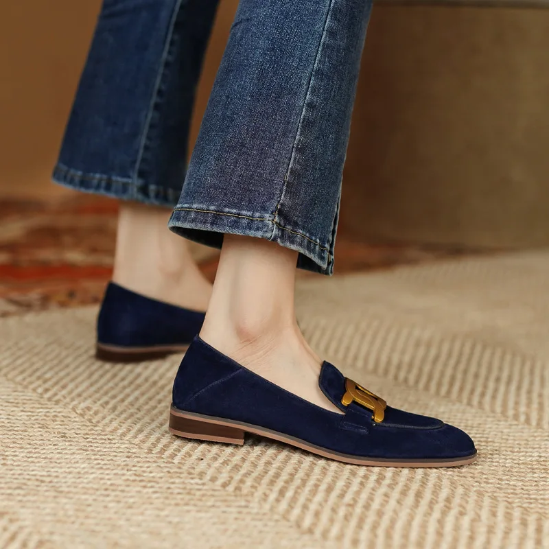 Women Retro Metal Buckle Loafer 2024 French British Style Fashion Elegant Square Toe Chunky Heels Pumps Party Flat Casual Shoes