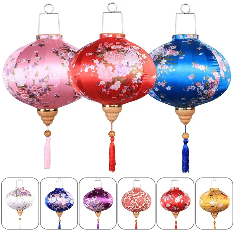 Chinese Style 12/14Inch Retro Floral Printed Silk Lantern Japan Vietnam Traditional Lantern for New Year Wedding Festival Decor