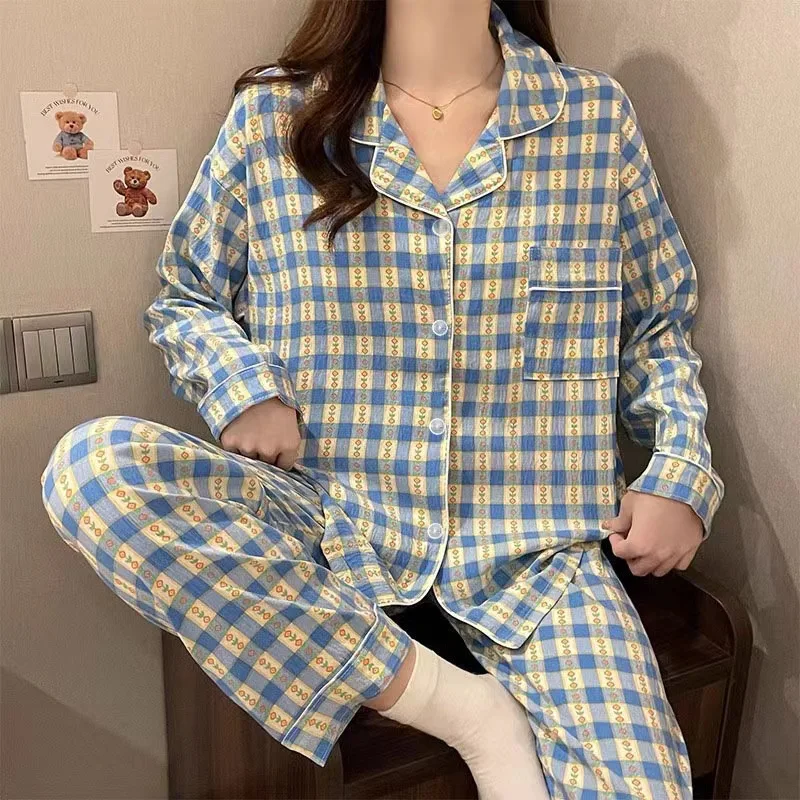 Blue Plaid Pajamas Set Women Retro Cloud Cotton Long Sleeves Long Pants Pj Casual Sleepwear Flower Pyjamas Cute Pijamas Cozy Pjs