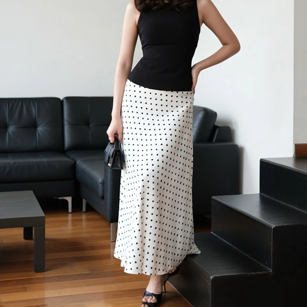 

Tuularose White Polka Dot Maxi Skirts Women's Fashion Contrast Casual Elegant Skirts Luxury High-Waisted Commuter Female Skirts
