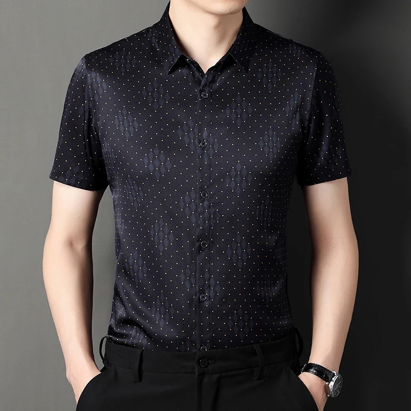 Polka Dots Plaid High-End Real Silk Men Shirt Short Sleeve Casual Summer Quality Soft Comfortable Easy Care Luxury Chemise Homme