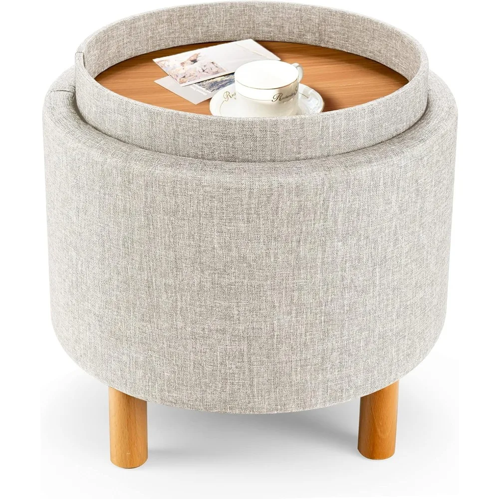 

Ottoman, Storage Footstool, Fabric Sitting Stool W/Solid Wood Legs & Non-Slip Pads, Stool